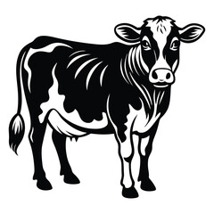 Cow animal vector silhouette with a white background, drawn in a woodcut style with simple line art