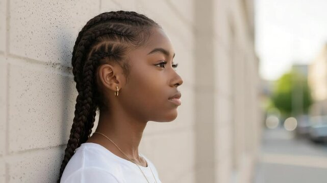 Teen girl with braids stands against wall in calm profile	