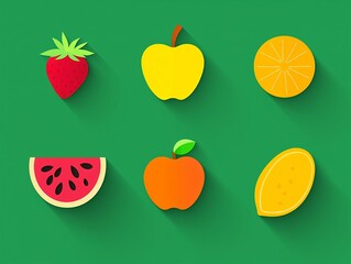 Fototapeta premium Colorful Flat Design Fruits on Green Background with Shadows