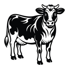 Cow animal vector silhouette with a white background, drawn in a woodcut style with simple line art