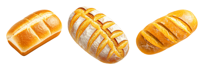Set of loaf of wheat bread showing its golden crust and soft interior, isolated on white transparent background.