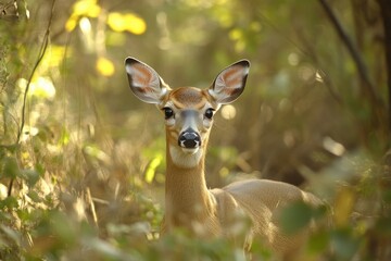 Wild deer observing its surroundings in a vibrant forest during daytime, Deer in forest wildlife animal