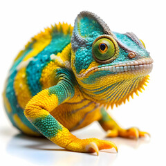 Obraz premium A striking yellow and blue panther chameleon, isolated on white, showcasing its vivid colors and textured