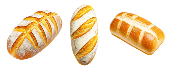 Set of loaf of white bread showing its golden crust and soft interior, isolated on white transparent background.