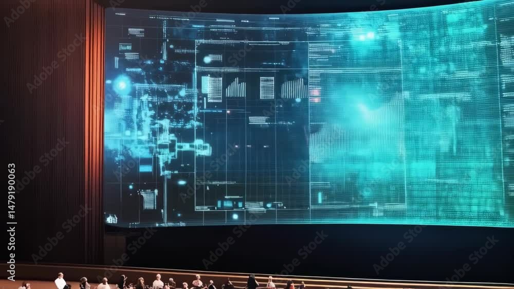 Poster audience watching financial data projected onto a large screen in an auditorium, stock chart, line g