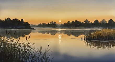 Obraz premium Landscape with lake and reeds at sunset, silhouettes marsh plants, watercolor illustration
