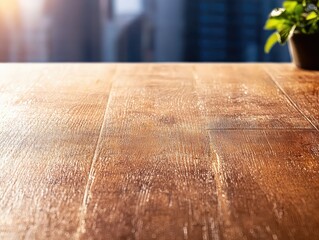 "Rustic Wooden Table with Plant in Modern Office"