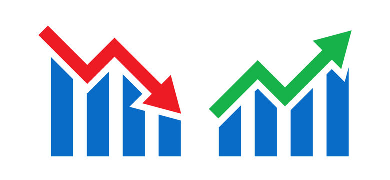 Graph going Up and Down sign with green and red arrows. Bullish trend. Bear market, bearish trend. Rising and downward trend. Vector illustration