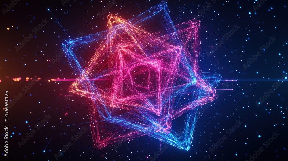 Poster vibrant abstract digital art featu colorful geometric glowing star-shaped structures with luminous l