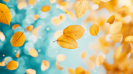 Close-up of autumn leaves in soft tones, surrounded by vibrant yellow and orange foliage on a bright sunny day, creating a magical and serene atmosphere.
