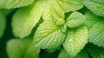 Close-up of leaves with water drops under soft, dreamy lighting, creating a magical and serene atmosphere full of natural beauty and calm.