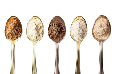Spoonful of different colored powders are shown in a row on transparent or white background