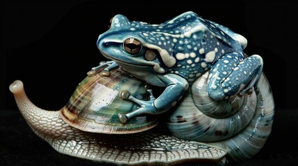 Frog atop snail, vibrant colors