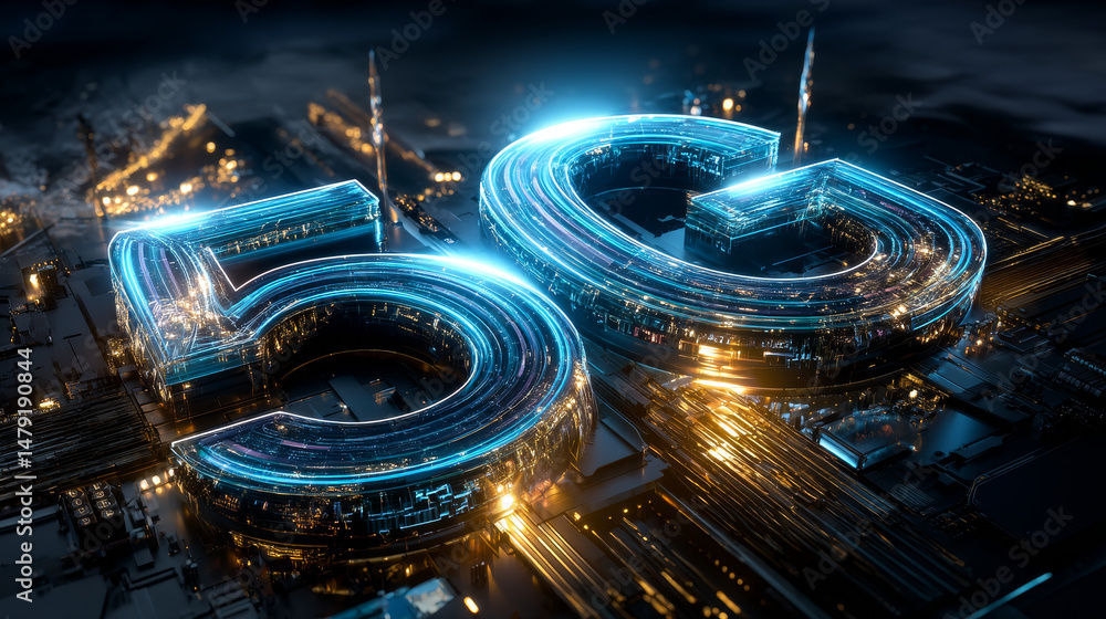Poster 5g sign arrow consist digits matrix. global high speed internet via wireless network concept. modern