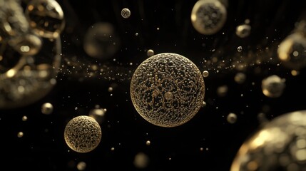 Naklejka premium Golden spheres floating in black void macro shot cosmic dust particles abstract art