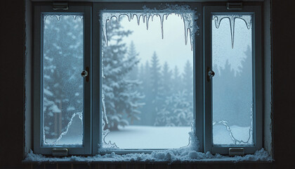 Obraz premium Frosted window with icicles overlooking snowy forest 