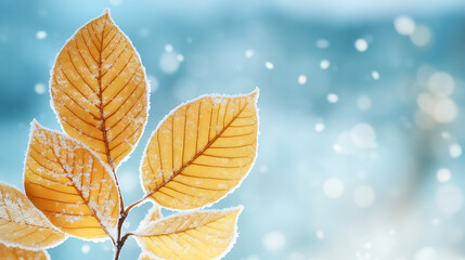 Close-up of winter leaves in soft tones, surrounded by snow under bright sun and dreamy light, creating a magical and serene atmosphere.