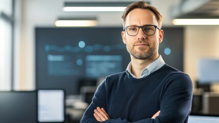 Confident Professional Man in Modern Office Setting with Technology