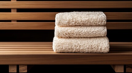 Stack of Fluffy White Towels on Wooden Bench in Sauna Spa Environment Still Life Close Up Studio Shot
