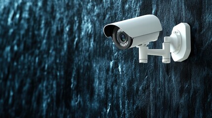 Security camera mounted on textured dark wall for surveillance and monito in indoor or outdoor environments with alert capabilities and modern technology features