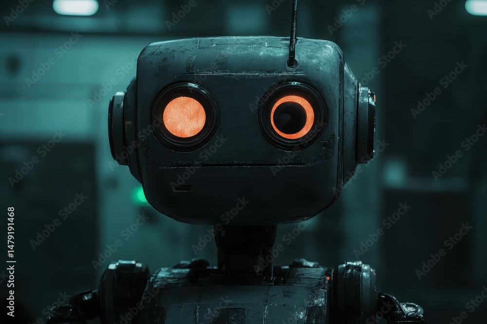 Poster robot looks directly at viewer with glowing eyes in a dimly lit environment, the robot raises its he
