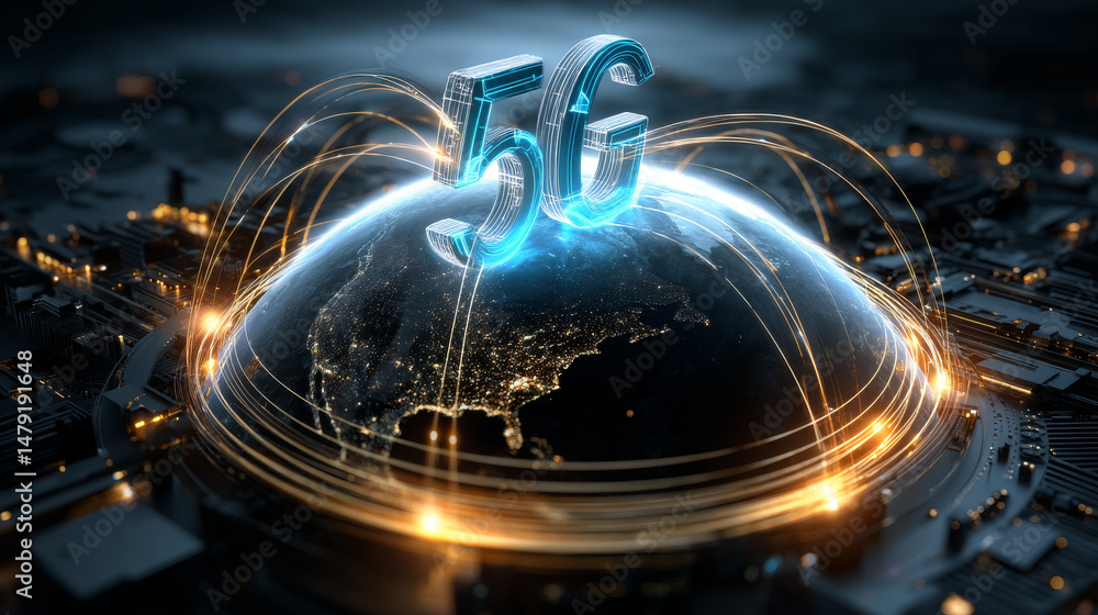 Poster 5g sign arrow consist digits matrix. global high speed internet via wireless network concept. modern