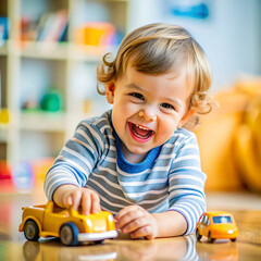 A happy toddler joyfully playing with a small toy, demonstrating curiosity and excitement in their early childhood