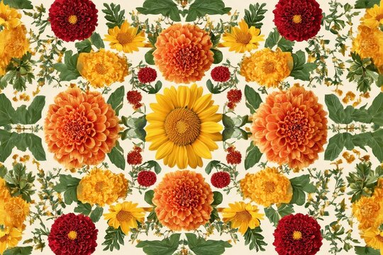 Colorful floral symmetrical pattern design.
