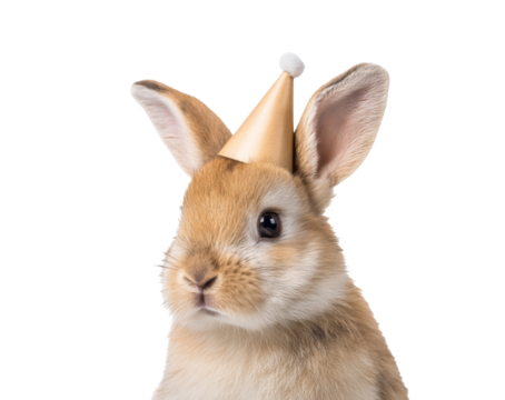 Cute rabbit wearing a golden party hat for birthday celebration on a transparent background, cut out