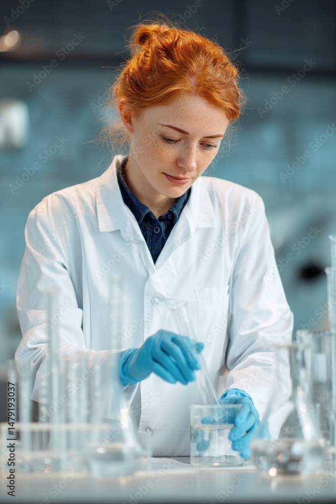 Poster focused scientist working with liquid samples in a laboratory.