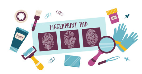 Crime investigation concept. Fingerprinting background. Biometric identification technology. Cyber forensics. Vector hand drawn banner.