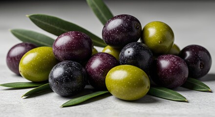 Obraz premium Olive Fruit Assortment with Green Leaves