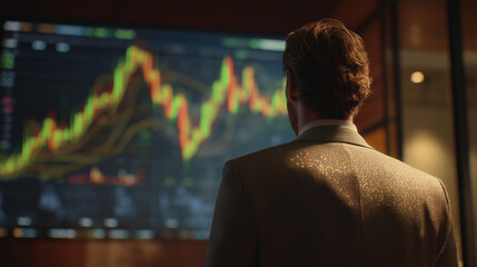 Man looking at trading graph candles, a crypto or trading session, technical analysis is also useful for businessman analyzing stock market data on screen