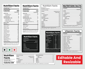 Facts nutrition, nutrition facts, Vitamin facts for food package label  template set. food calories, fats, serving, dietary, calcium, and protein. Vector editable set.