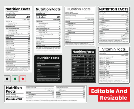 Facts nutrition, nutrition facts, Vitamin facts for food package label  template set. food calories, fats, serving, dietary, calcium, and protein. Vector editable set.
