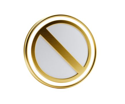 Gold prohibition symbol on a glossy surface with modern design on a transparent background, cut out