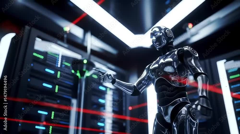 Poster futuristic robot managing data center infrastructure and technology processing