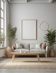 Mock up frame in home interior background, white room with natural wooden furniture