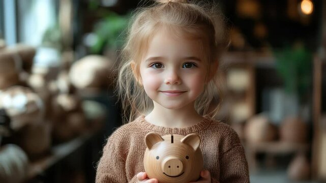 A delightful young girl clutching a piggy bank, symbolizing the early lessons of financial prudence and the sweet joy of saving for the future.