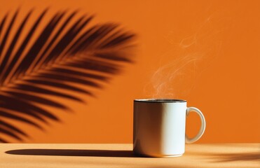 Warm beverage in a mug, sunlight and shadow.