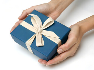 A person holds a gift box in his hands isolated on white background.