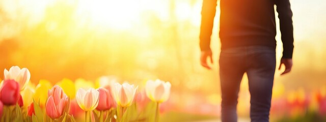 Man Walking Through Sunny Tulip Field with Soft Morning Light