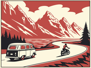 Retro Road Trip Scene – Minimalist Mountain Landscape with Van and Motorcycle