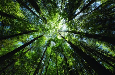 Lush green forest canopy seen from below.