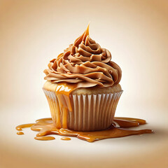 A delicious caramel swirl cupcake, topped with a smooth, glossy caramel drizzle, isolated against a clean background.