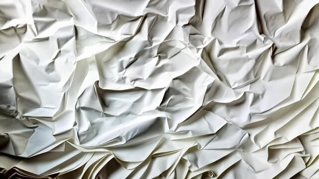 Abstract full frame texture of shiny white wrinkled material featuring multiple folds, creases, and shadows under studio light conditions