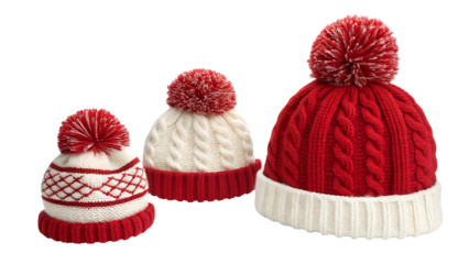Three cozy knitted beanies with red and white colors for winter season accessories png isolate on transparent white background.
