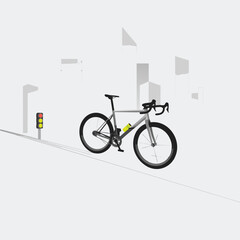 Stylized fast road bicycle in grayscale city with yellow accents