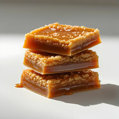 Rich, sweet caramel bars with a smooth texture, perfectly cut and isolated against a clean,