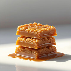 Rich, sweet caramel bars with a smooth texture, perfectly cut and isolated against a clean,